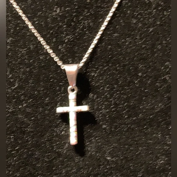 Opal Sterling Silver cross necklace- 2-sided- opal and opal, onyx inlay - Picture 2 of 4